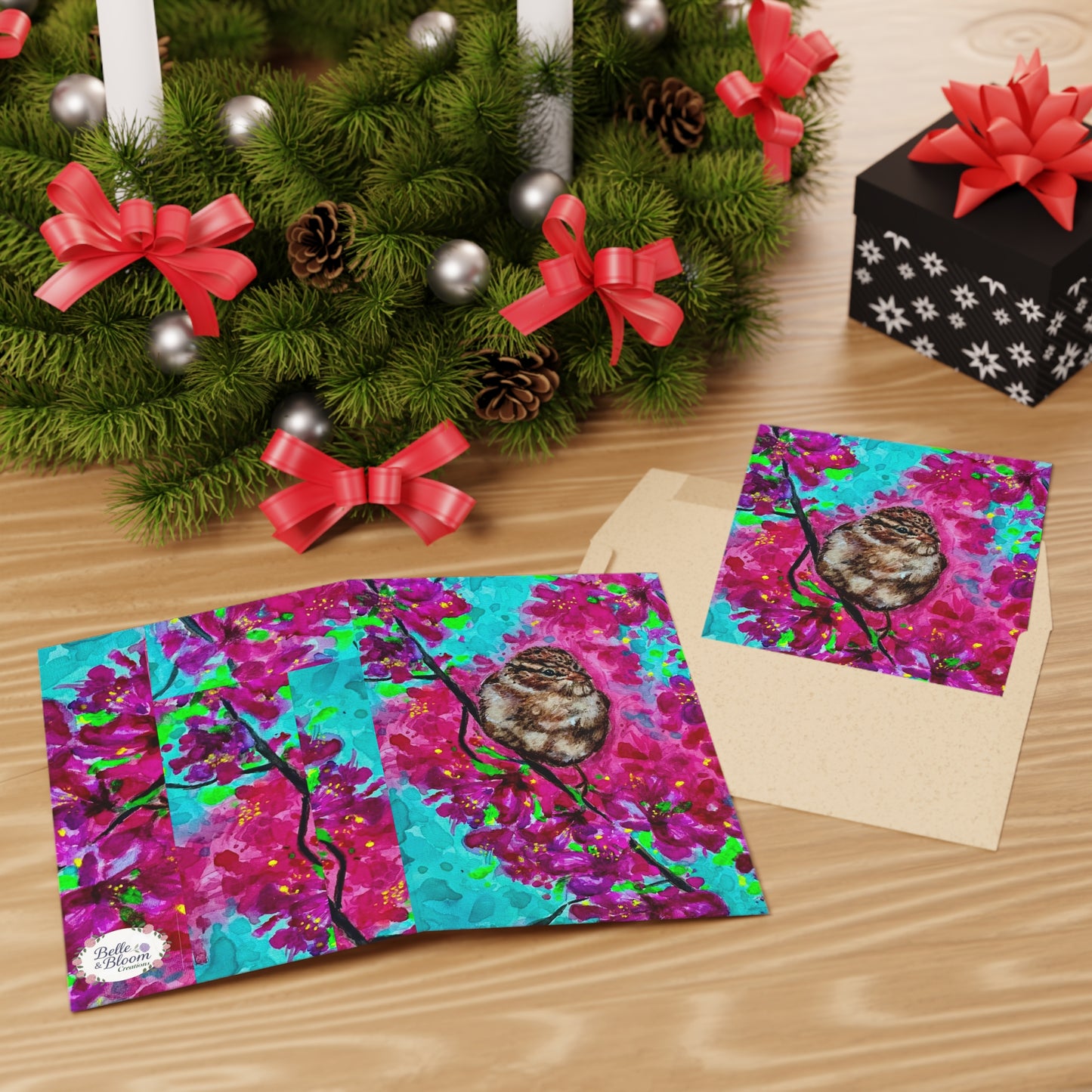 Fluffy Sparrow on Cherry Blossoms Greeting Card — Vibrant Floral Bird Note Card
