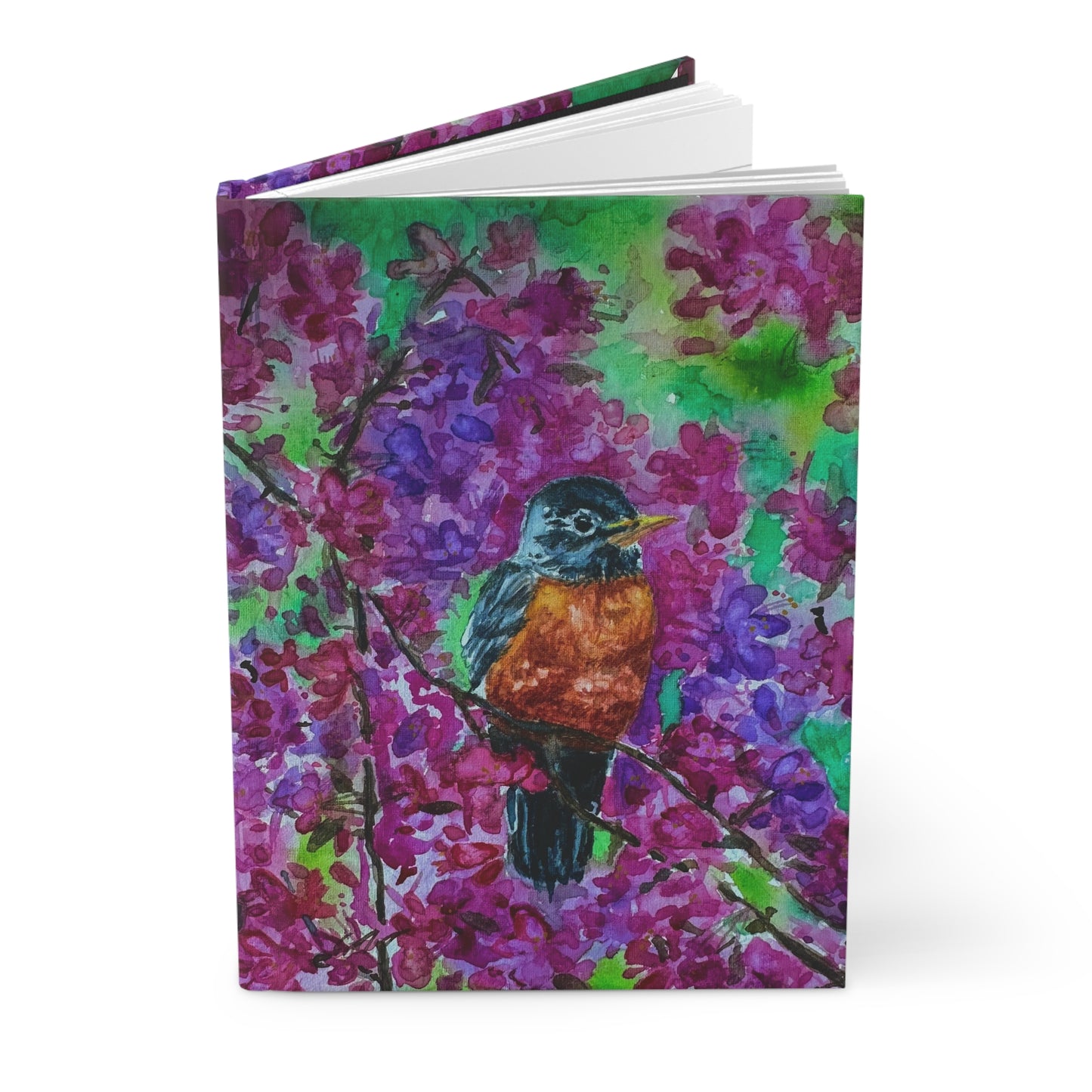 Watercolor Robin in Cherry Blossoms Hardcover Journal