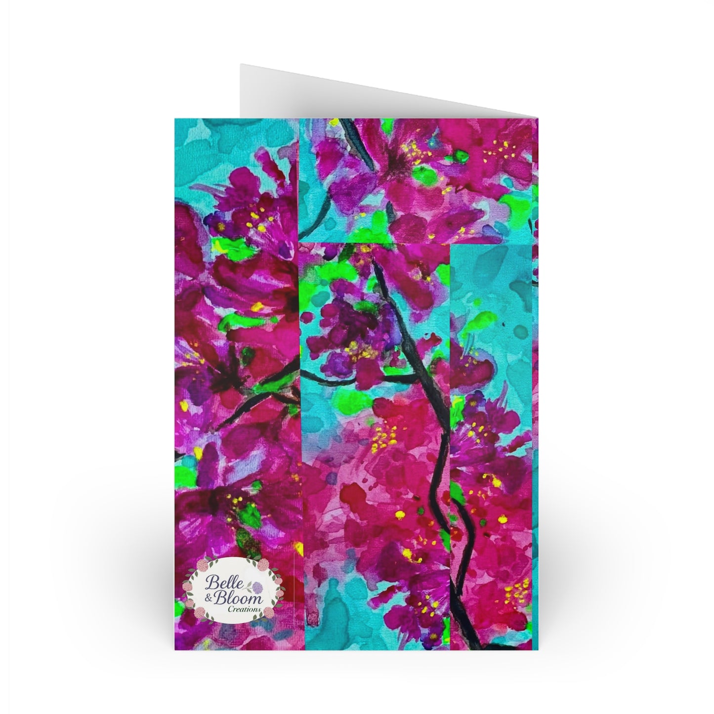 Fluffy Sparrow on Cherry Blossoms Greeting Card — Vibrant Floral Bird Note Card
