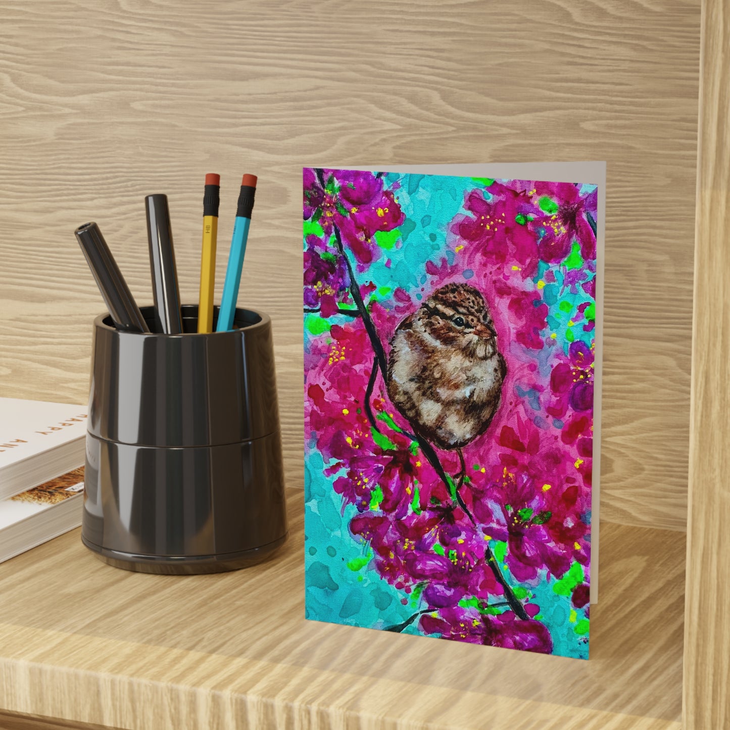 Fluffy Sparrow on Cherry Blossoms Greeting Card — Vibrant Floral Bird Note Card