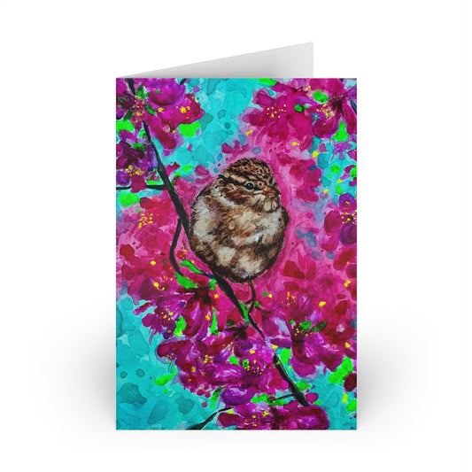 Fluffy Sparrow on Cherry Blossoms Greeting Card — Vibrant Floral Bird Note Card