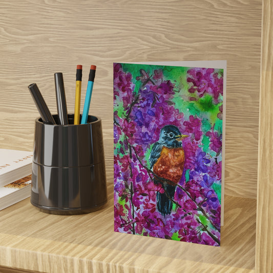 Floral Robin Greeting Card — Watercolor Bird Among Pink Blooms (Single or 10-Pack)